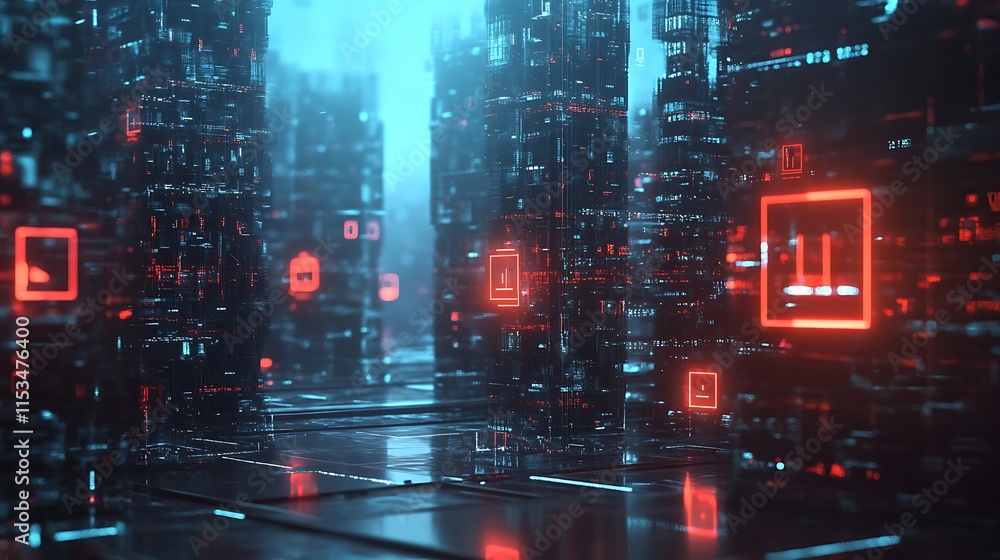 Poster digital rendering of a futuristic cyberpunk city with glowing towers neon lights illuminate scene fo