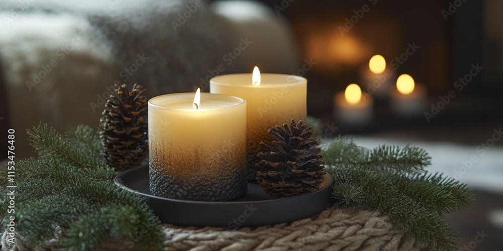 Poster candles and spruce tree branches create a warm and inviting atmosphere, perfect for enhancing any se