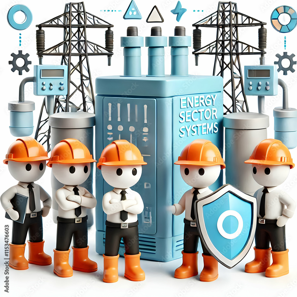 Poster 3d energy sector workers safeguarding grid systems - cyber security representation with ample copy s