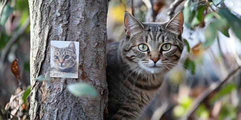 Missing pet poster featuring a lost cat picture displayed on a tree, as concerned owners actively search for their beloved lost cat in the area, hoping for its safe return.