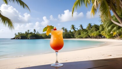 A cocktail on a tropical beach with palm trees in the background