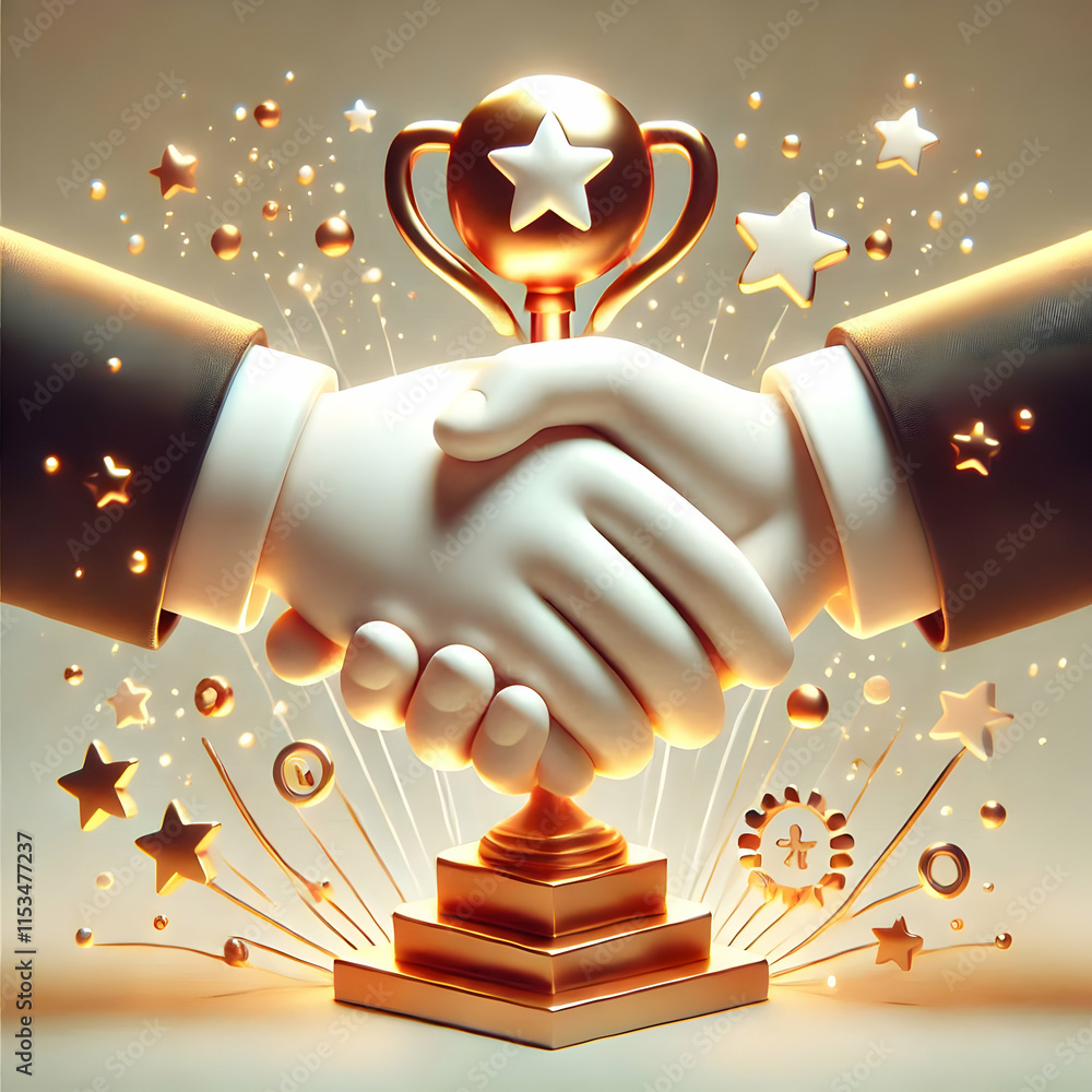 Poster 3d close up of hands shaking after receiving an award concept as a macro shot of hands shaking after