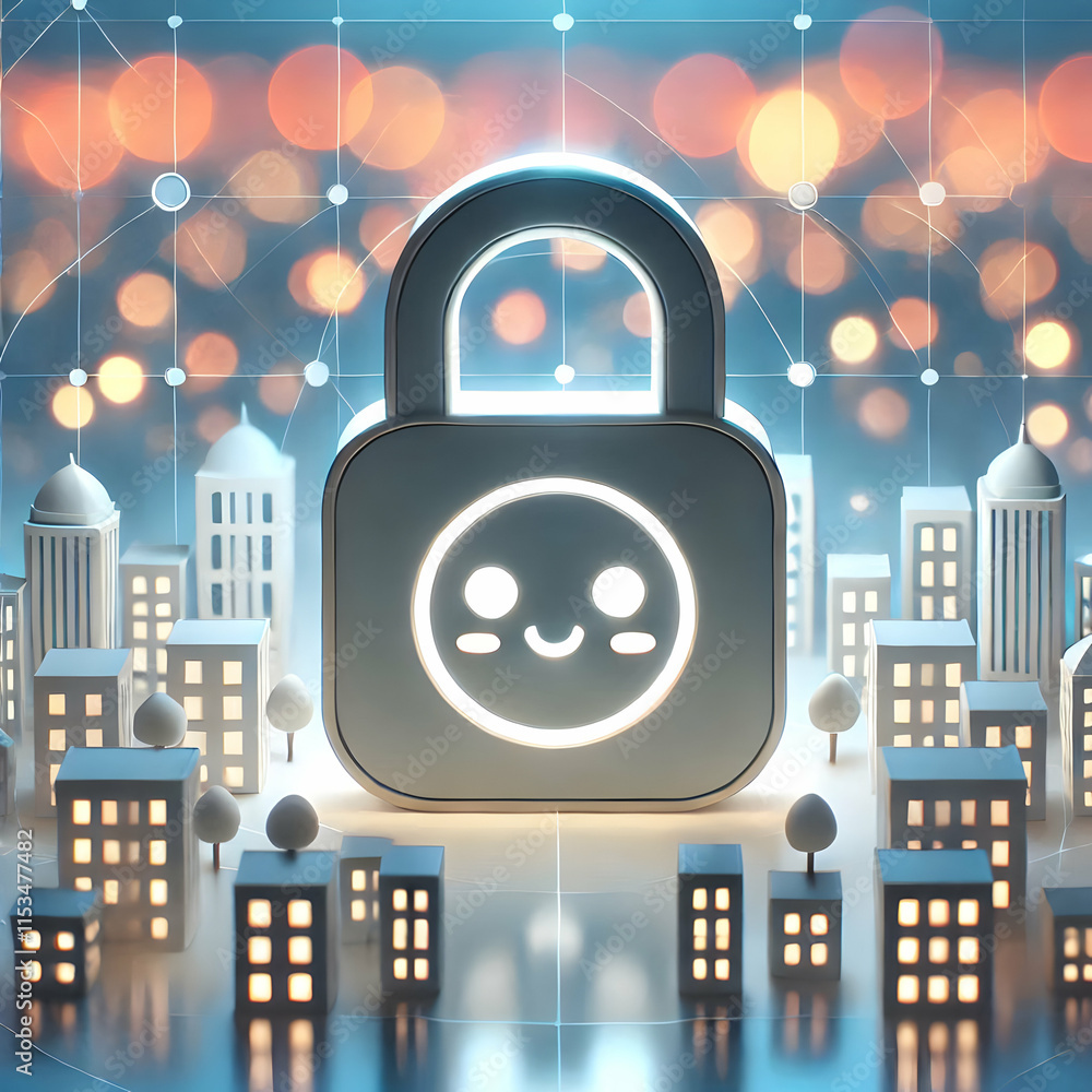 Poster 3d silhouette of padlock over cityscape with bokeh lights and copy space concept as a soft abstract 