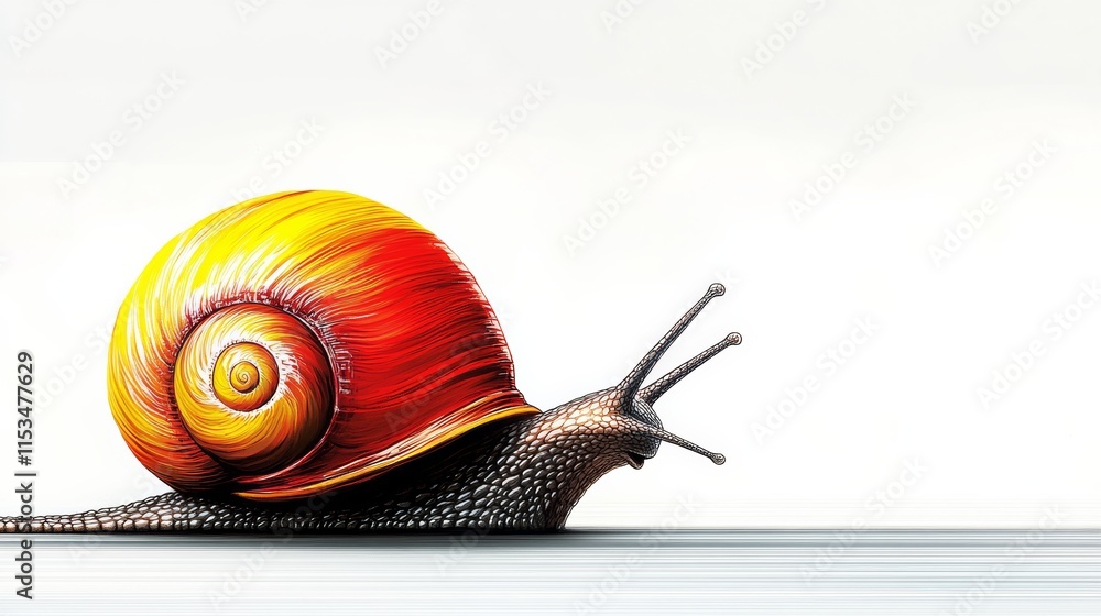 Poster snail is shown on a white background with a red and yellow shell. the snail is moving and he is in m