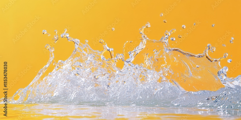 Poster dynamic splashes of water create a striking visual effect against a vibrant yellow background, showc