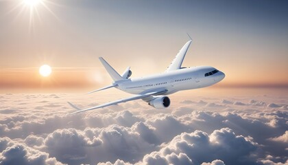 Obraz premium A commercial passenger jet flying high above the clouds with the sun shining brightly in the background