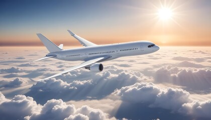 Obraz premium A commercial passenger jet flying high above the clouds with the sun shining brightly in the background