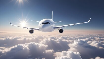 Obraz premium A commercial passenger jet flying high above the clouds with the sun shining brightly in the background