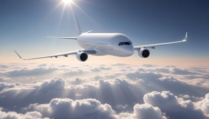 Obraz premium A commercial passenger jet flying high above the clouds with the sun shining brightly in the background