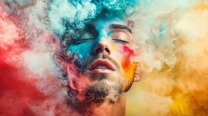 Surreal portrait of a man with vibrant smoke effects