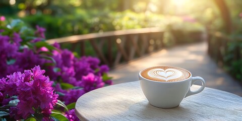 A warm cappuccino with heart shaped foam sits in a white cup on a table, surrounded by dark purple azalea flowers and a wooden bridge in a sunny park morning.