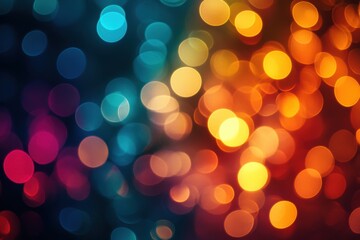 Fototapeta premium Abstract bokeh light background, colorful blurred glowing circles, warm orange and blue sparkle texture for festive design