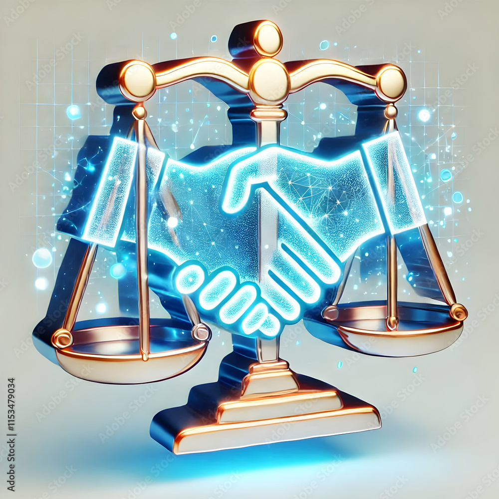 Poster 3d holographic handshake and scales floating over a white background concept as a vector illustratio