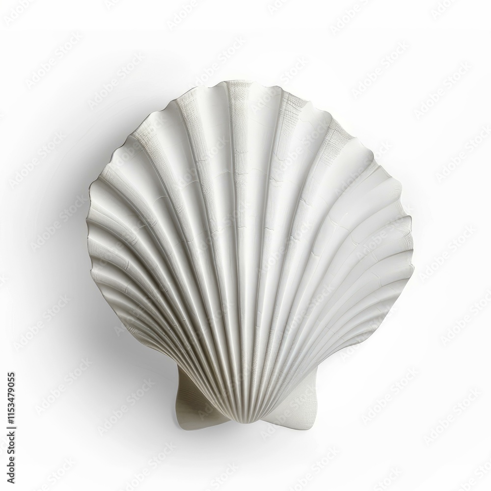 Poster studio shot of a white scallop shell on a white background, creating a minimalist and elegant compos