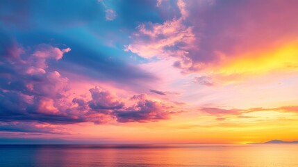 Obraz premium Vibrant sunset over the horizon with a sky adorned by beautifully colored clouds. The captivating sunset creates an enchanting scene filled with shades of color and stunning visual appeal.