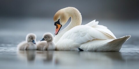 Obraz premium Swan chicks gracefully accompany their mother, showcasing the tender bond within the swan family. The swan chicks exhibit curiosity and playfulness alongside their protective mother.