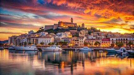 Fototapeta premium Ibiza Dalt Vila: Stunning Old Town & Harbour Sunset Panorama