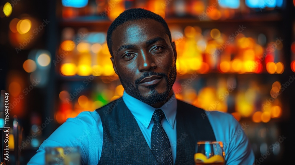 Poster man in a bar setting is wearing a suit and tie, standing confidently with blurred lights in the back