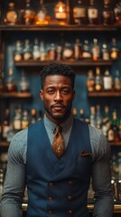 Obraz premium Well-dressed man stands confidently in front of a bar filled with various bottles, wearing a tie and vest