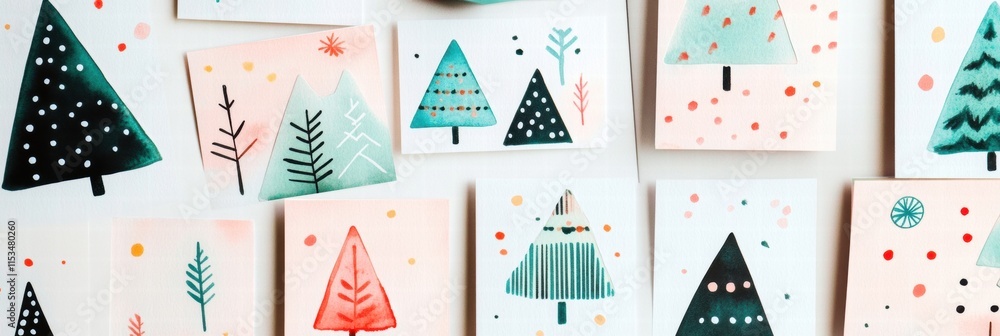Poster Christmas cards featuring hand drawn trees with colorful designs and festive patterns on display for the holiday season. Generative AI