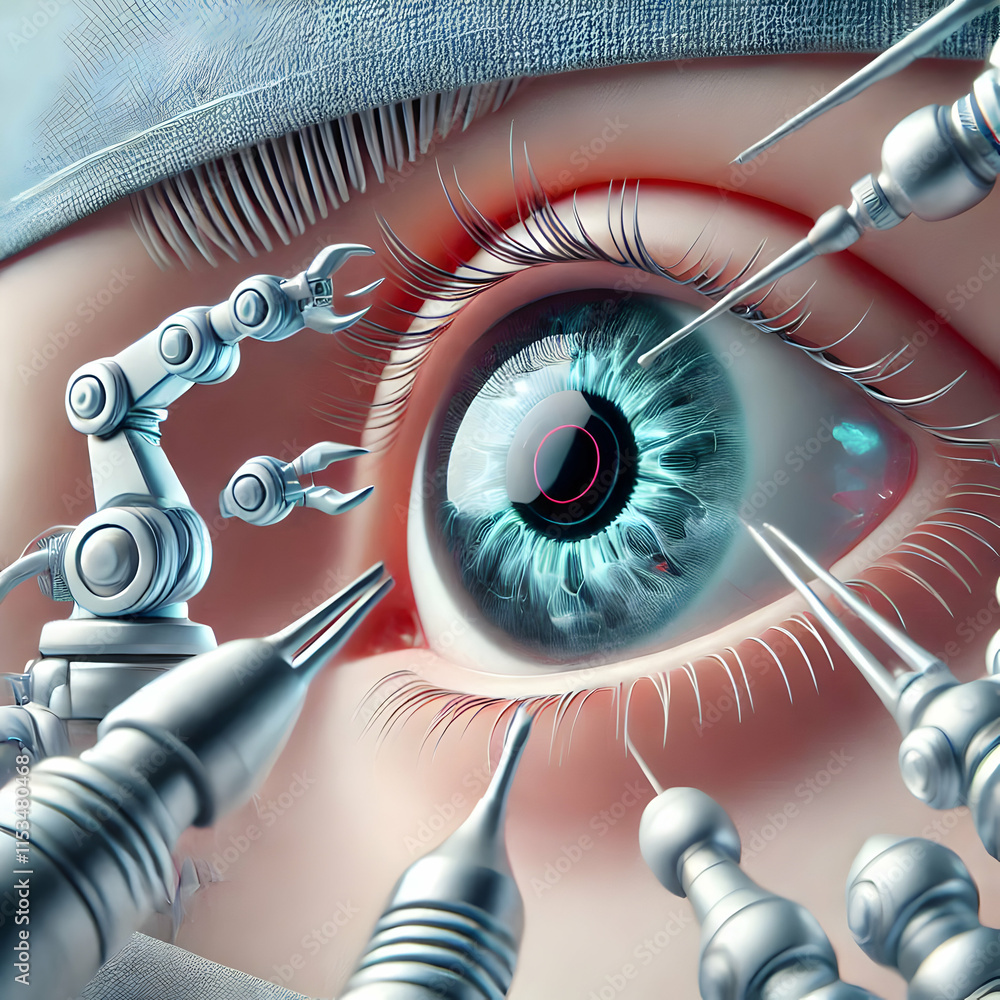 Poster surgeon's eye reflecting robotic surgery instruments macro image 3d icon on white background - human