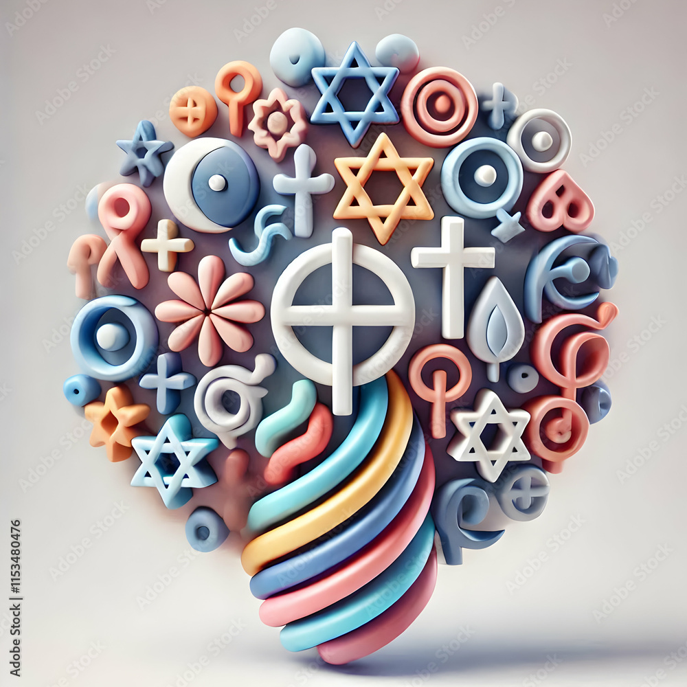 Poster 3d soft abstract unity symbols for world religion day - digital art icons isolated on white backgrou