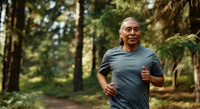 Mature native american man jogging in forest setting promoting healthy lifestyle and wellness