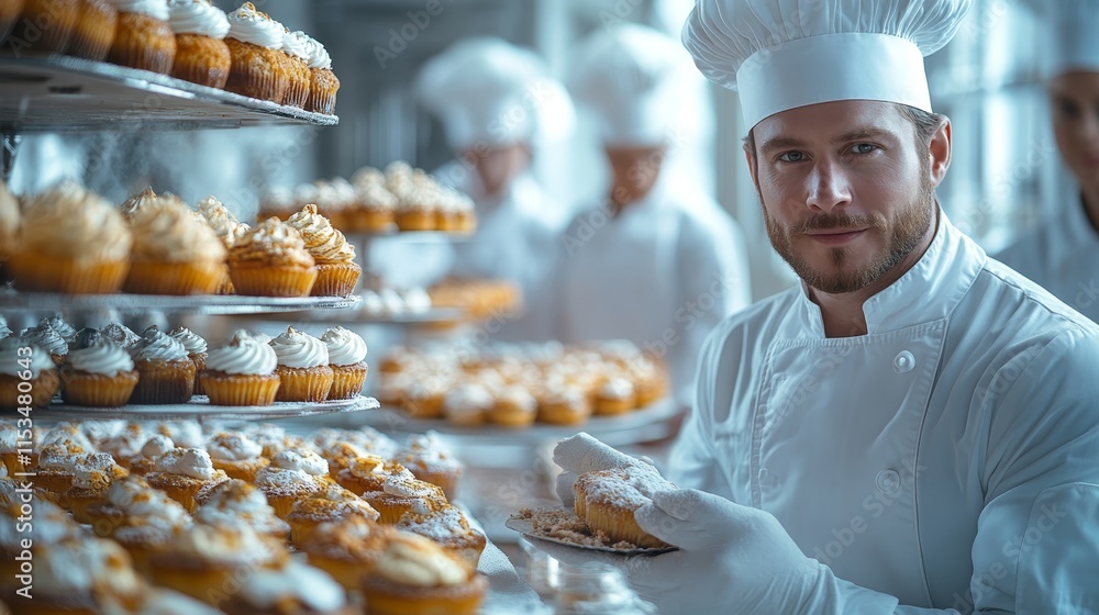 Poster chef in a white uniform holds a pastry while surrounded by trays of various cupcakes in a bakery set