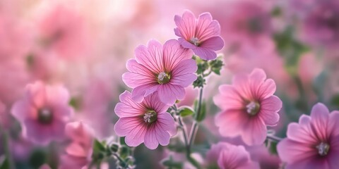 Fototapeta premium Malva sylvestris flowers showcase the beauty of wild mallow. The Malva sylvestris blooms are vibrant and captivating, representing the charm of common mallow in nature s landscape.