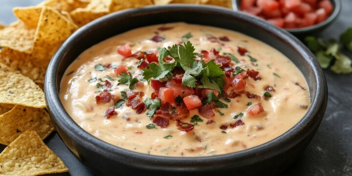 Thick creamy queso cheese dip made with bacon, peppers, and tomatoes, served with crispy tortilla chips creates a delicious snack. Enjoy this tasty queso cheese dip for gatherings and parties.