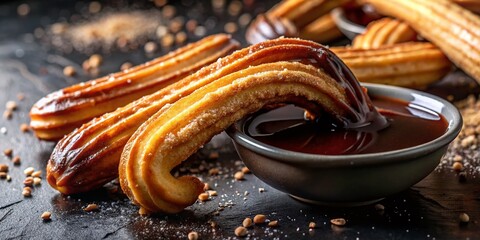 Fototapeta premium Indulgent Churros Dipped in Rich Chocolate Sauce - Gourmet Dessert Stock Photo