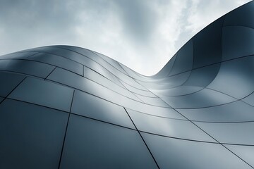Abstract curved metallic building facade against cloudy sky.