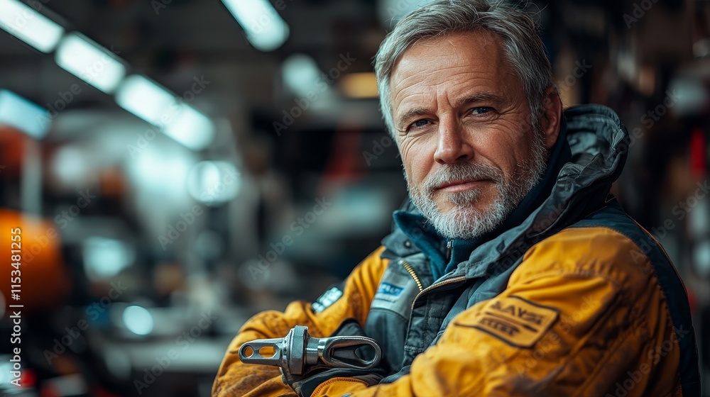 Poster man in a yellow jacket holds a tool, standing in a workshop with blurred background and overhead lig