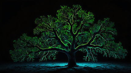 Oak Nature Tree Plexus Neon Black Background Digital Desktop Wallpaper HD 4k Network Light Glowing Laser Motion Bright Abstract
