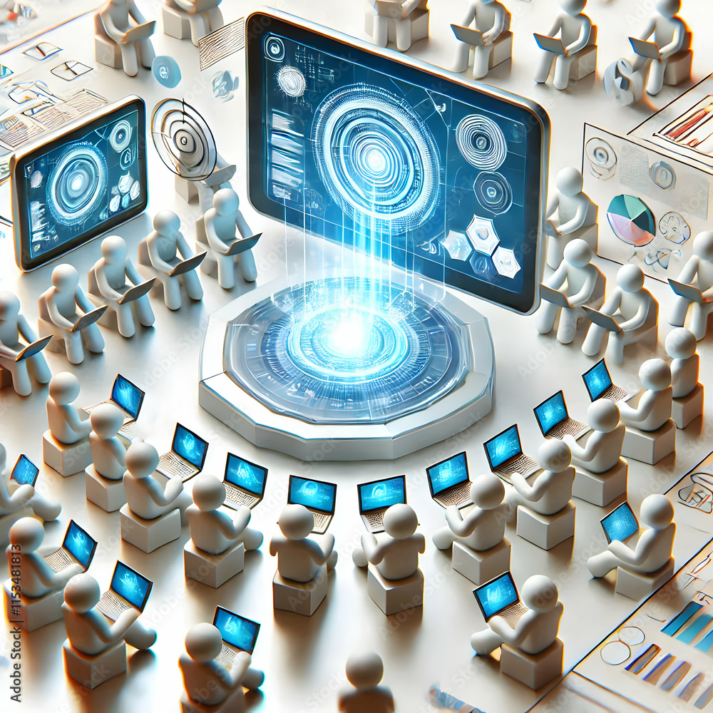 Poster 3d futuristic macro digital brainstorming team tablets holographic displays sleek design copy space 