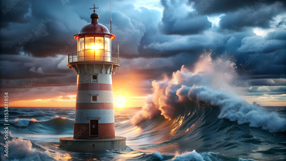 Poster corporate lighthouse against crashing waves and stormy clouds symbolizing guidance stability with sp