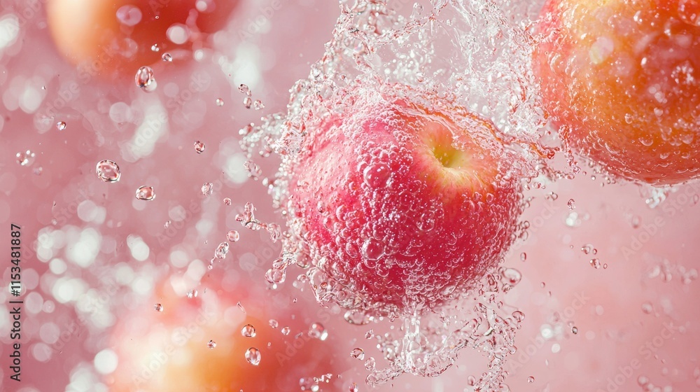 Poster fresh apples splashing in water with dynamic motion