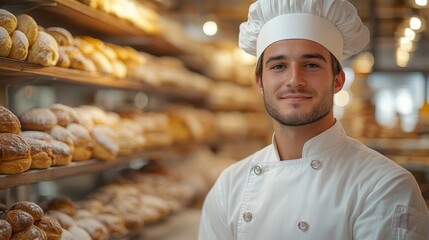 Smiling baker in a white chef's uniform stands proudly amidst shelves of various fresh bread and pastries