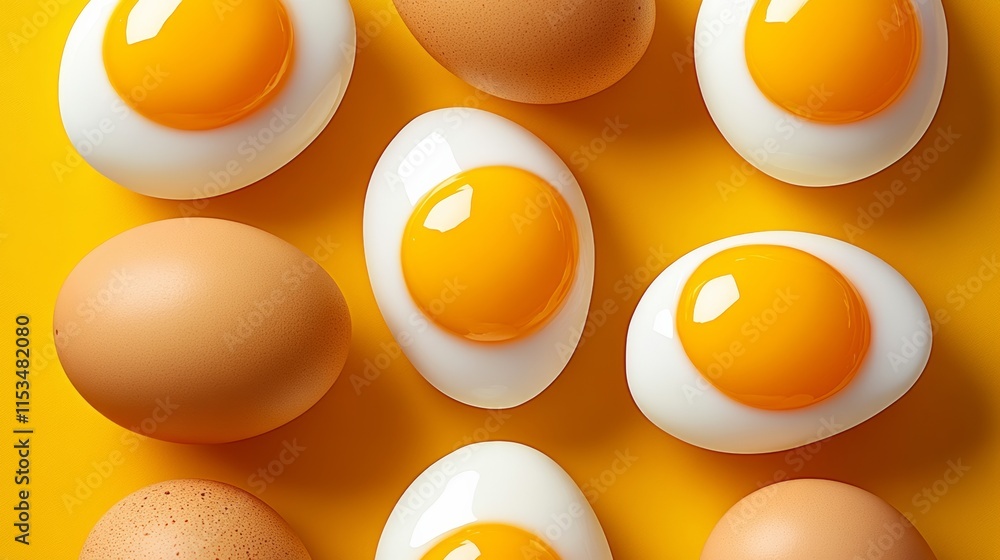 Poster close up of eggs with the yolk in the center. the eggs are arranged in a pattern on a yellow backgro