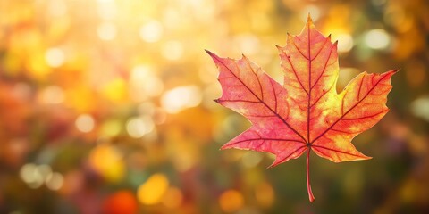 Fototapeta premium Autumn maple leaf surrounded by a beautiful natural background, showcasing the vibrant colors of autumn. This autumn maple leaf highlights the essence of the fall season and nature s beauty.