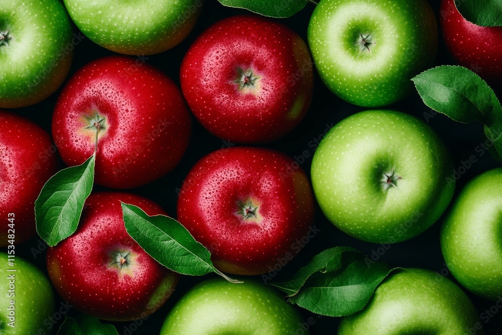 Poster bunch of apples with green leaves on top. the apples are arranged in a way that they are overlapping