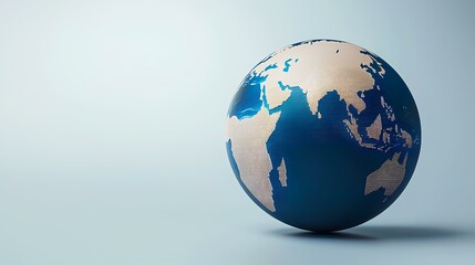 Fototapeta premium The image contains a stylized 3D model of the Earth, rendered in dark blue with lighter beige landmasses, set against a light blue background. A subtle textured effect gives the globe a slightly pix