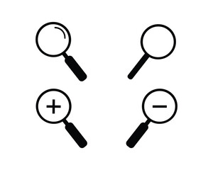 Set of search icon Vector Illustration. Zoom in and zoom out icon set. Magnifying glass icon, Zoom symbol, zoom lens sign, scan search symbol isolated, search symbol for web icons.