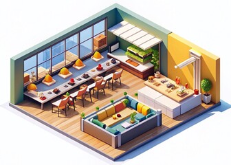 Obraz premium Isometric Low Poly Restaurant Kitchen Aerial View - Stock Photo