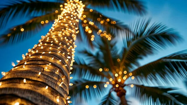 Christmas palm At dusk, a tropical tree is lit up by cozy string lights, setting a festive mood with blurred garland