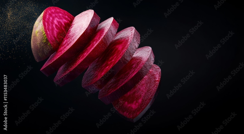 Poster close up of a red vegetable with a slice missing. the image has a mood of mystery and intrigue, as t