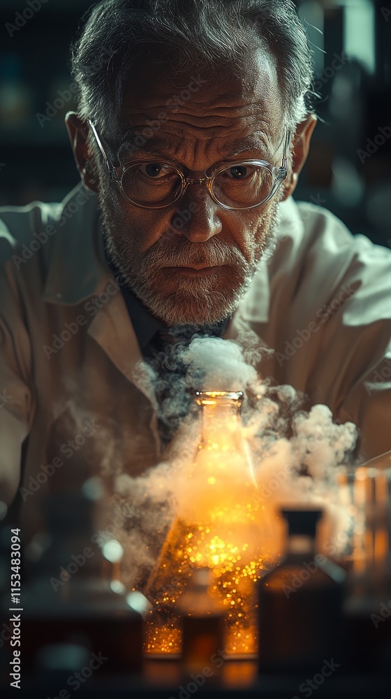 Aufkleber older man with glasses closely observes a bubbling, steaming flask in a dimly lit laboratory setting