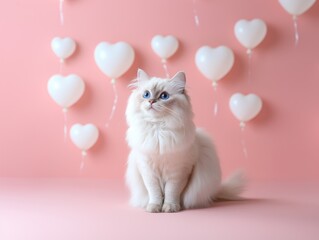 White small cat with heart balloon on a pink background 