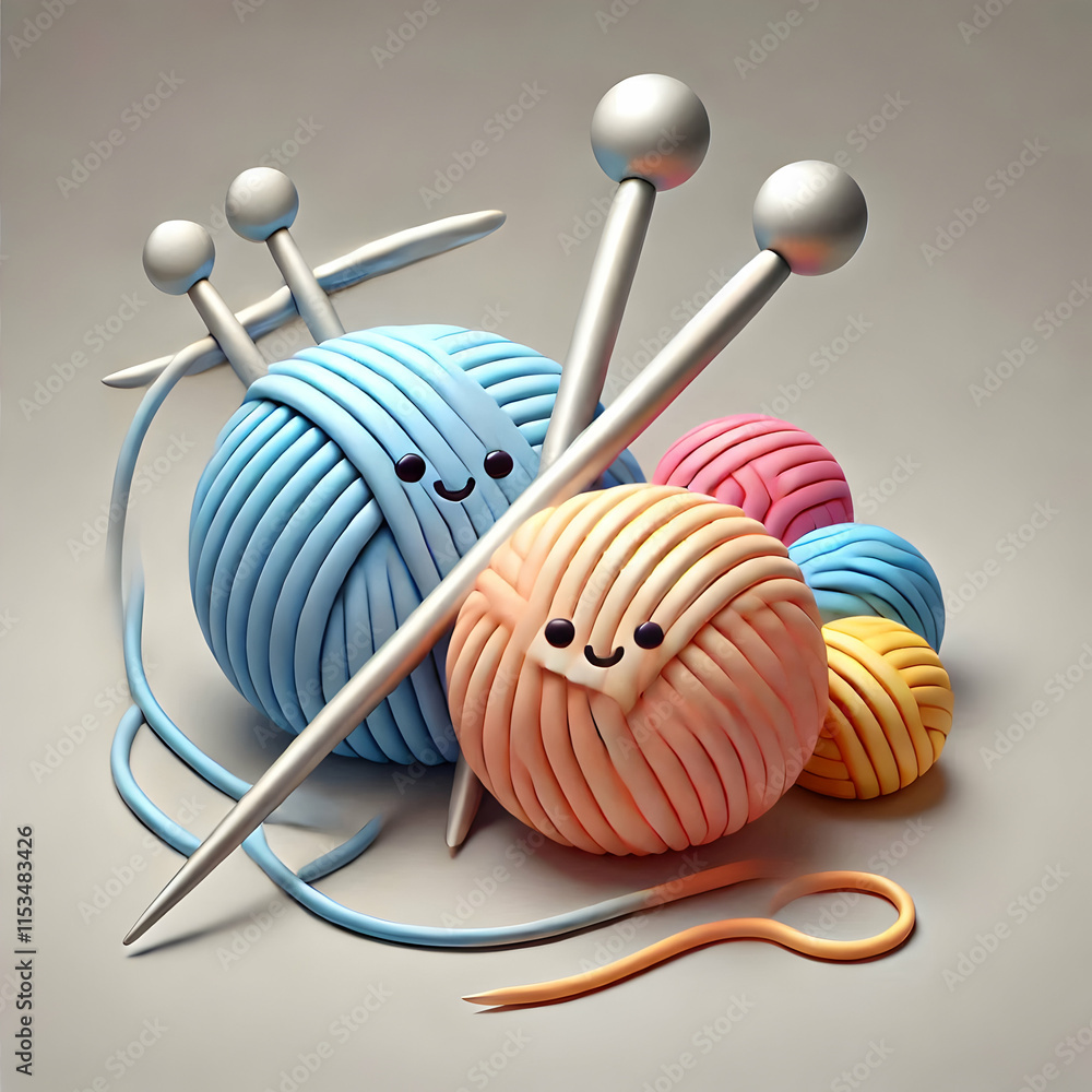 Poster 3d plain gray background with a pair of knitting needles and yarn concept as a plain gray background