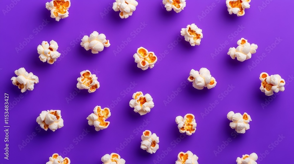 Poster purple background with a bunch of popcorn on it. the popcorn is in different sizes and shapes